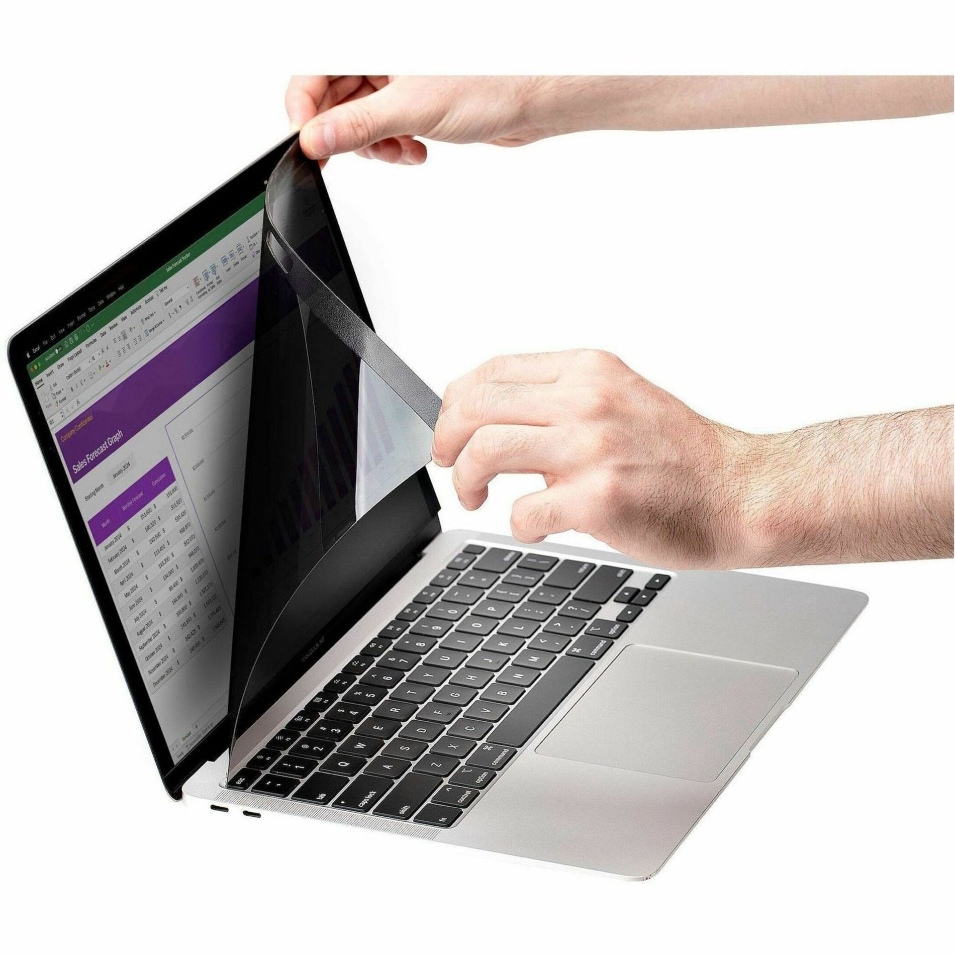 Hands demonstrating easy installation of privacy screen on MacBook-alternate-image5