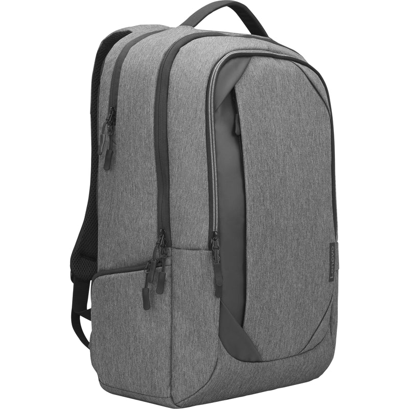 Front view of Lenovo Business Casual 17-inch Backpack in charcoal gray with distinctive design elements