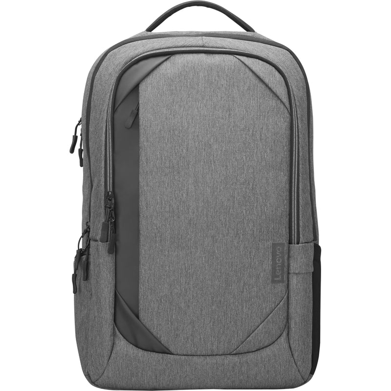 Direct front view of Lenovo backpack showing curved design elements and zipper placement