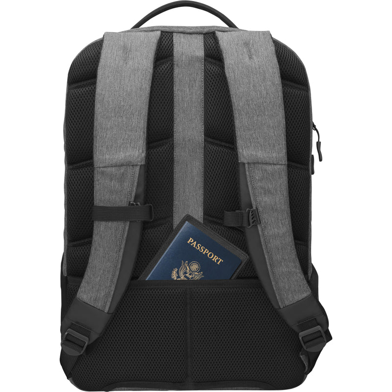 Back view showing passport pocket and luggage strap feature