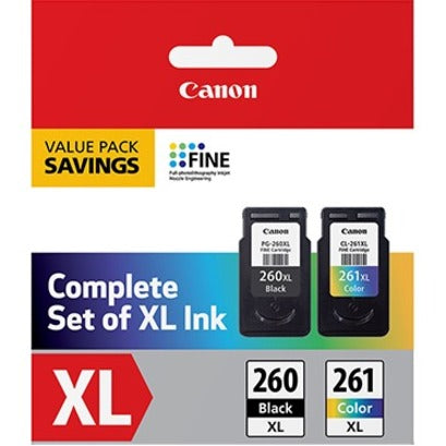 Canon PG-260 XL Black and CL-261 XL Color ink cartridge value pack front view showing product packaging-alternate-image1