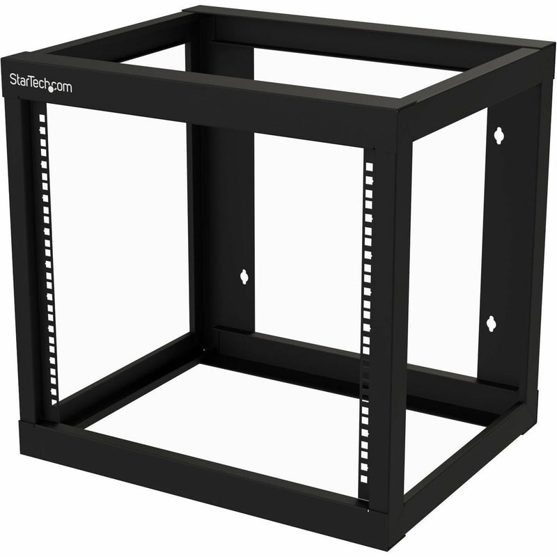 StarTech.com 9U black open frame wall mount rack showing mounting rails and sturdy steel construction