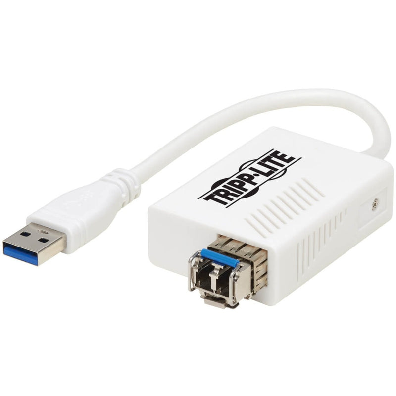 Tripp Lite USB to LC fiber optic ethernet adapter showing USB 3.0 connector and LC duplex port