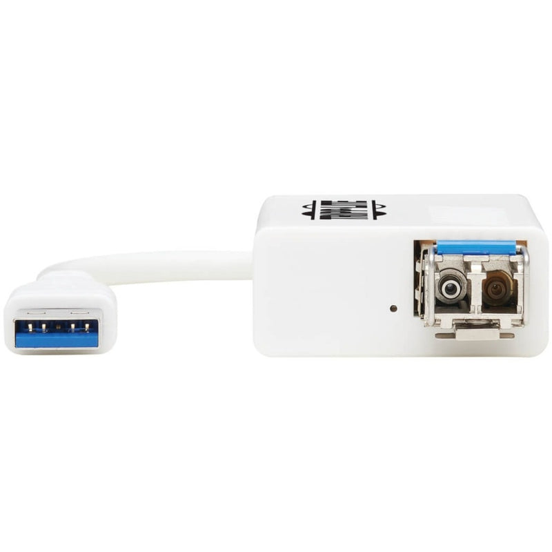 Close-up view of Tripp Lite adapter's LC duplex port and USB connector