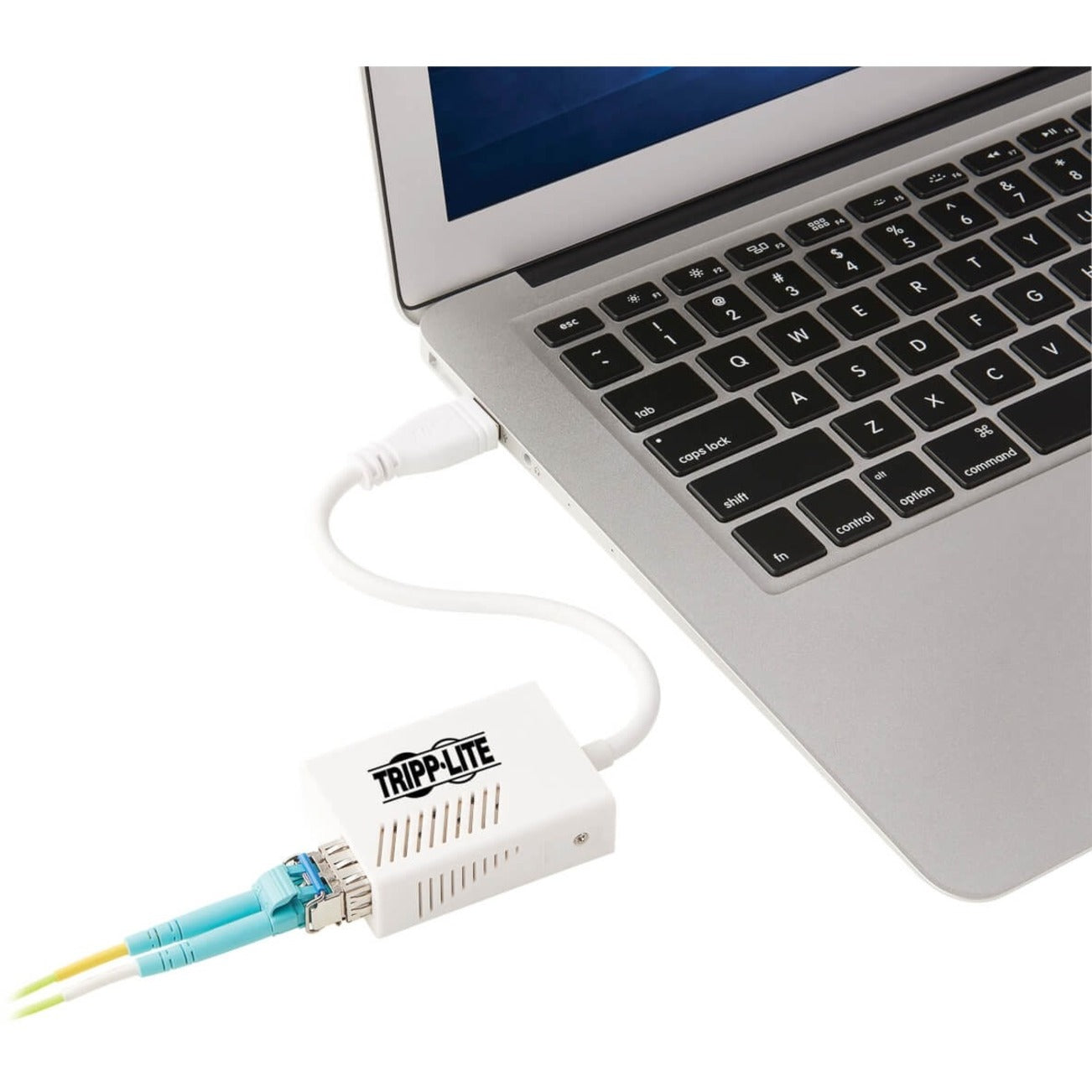 Tripp Lite fiber adapter connected to laptop USB port with fiber cable attached-alternate-image2