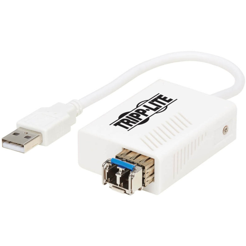 Tripp Lite USB to Fiber Optic Ethernet adapter showing USB connector and LC fiber port