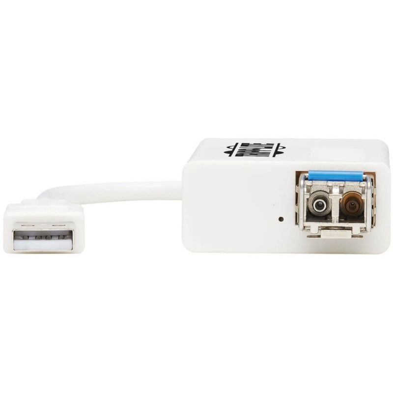 Close-up view of Tripp Lite adapter's LC fiber port and USB connector