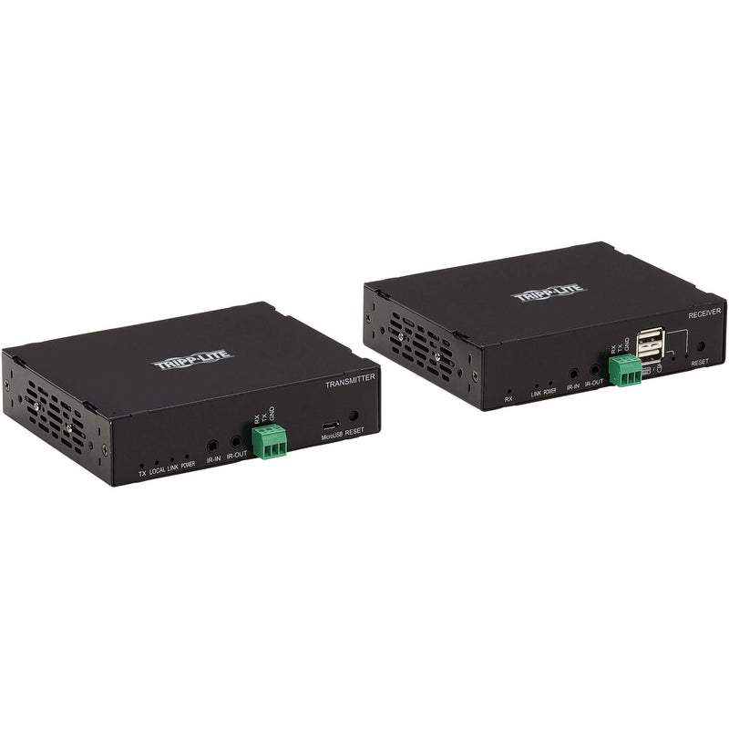 Front angle view of HDMI extender units highlighting LED indicators and control interfaces