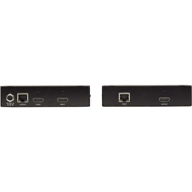 Rear view of HDMI extender units showing all available ports and connections