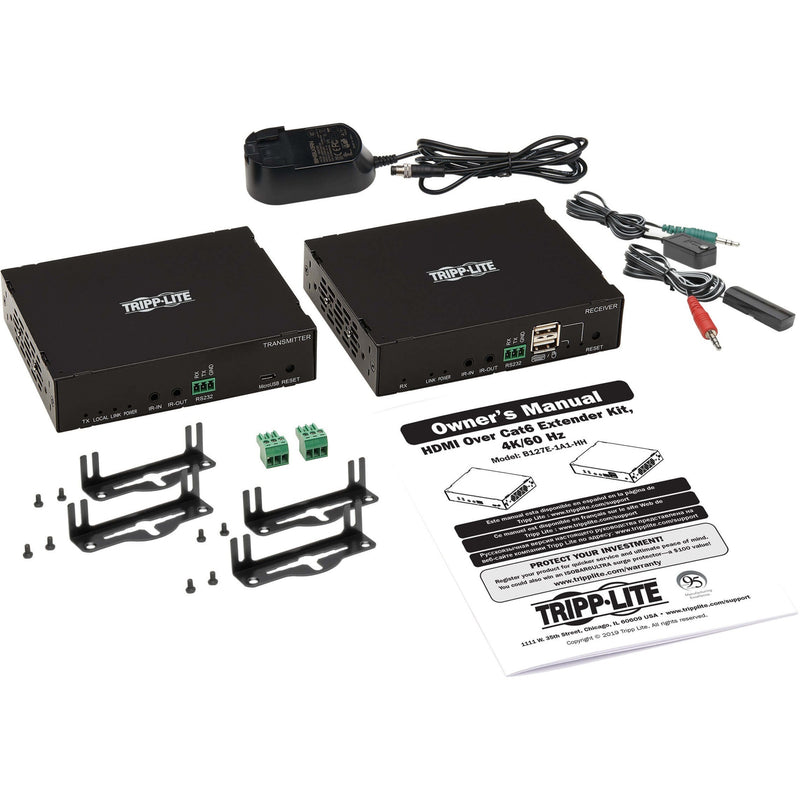 Complete kit contents including extender units, mounting hardware, power supply, and documentation