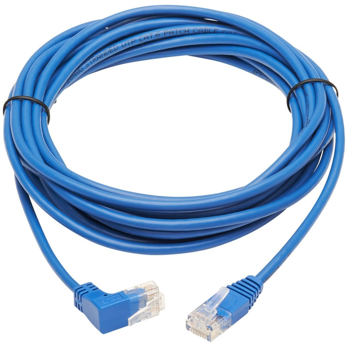 Full length view of blue Cat6 ethernet patch cable with up-angle connectors-alternate-image5