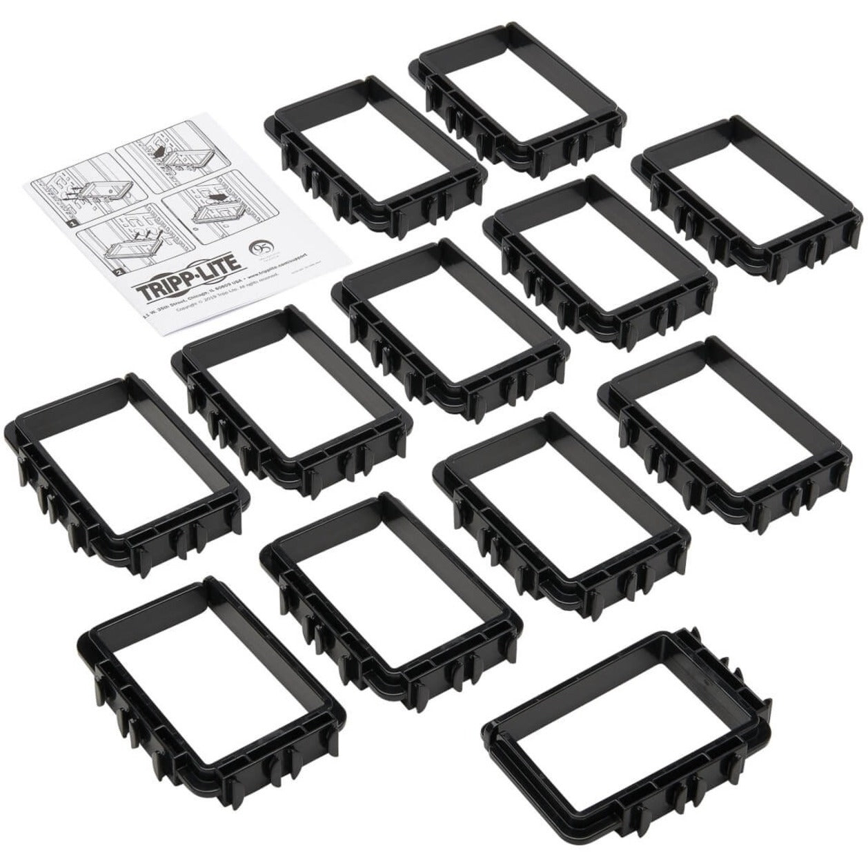 Set of 12 black D-ring cable managers with installation instructions shown-alternate-image2