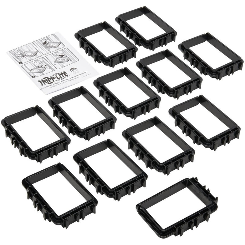 Set of 12 black D-ring cable managers with installation instructions shown