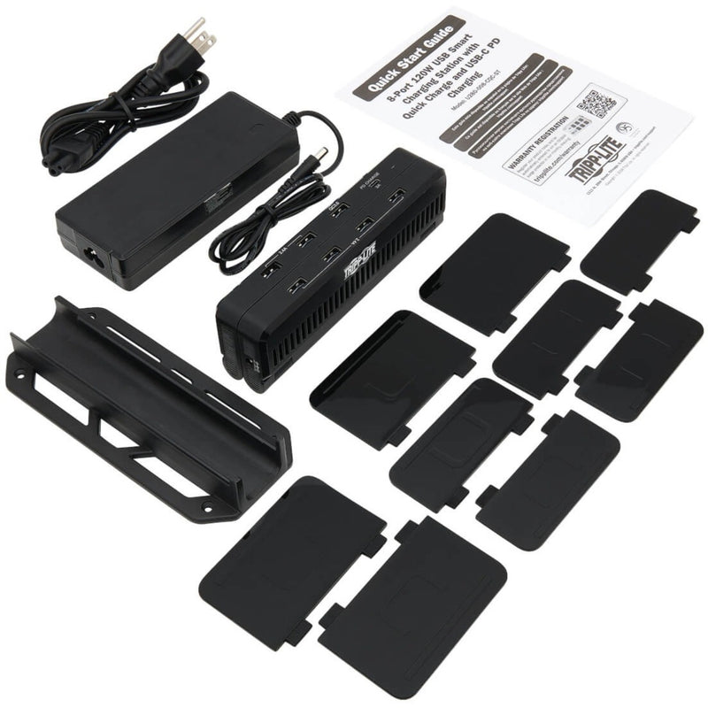 Complete package contents of Tripp Lite charging station including accessories