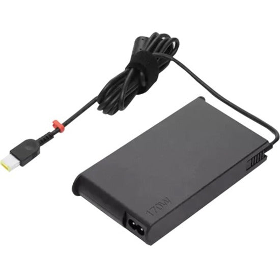 Lenovo ThinkPad 170W slim AC adapter showing rectangular power brick and cable with signature yellow-tipped connector