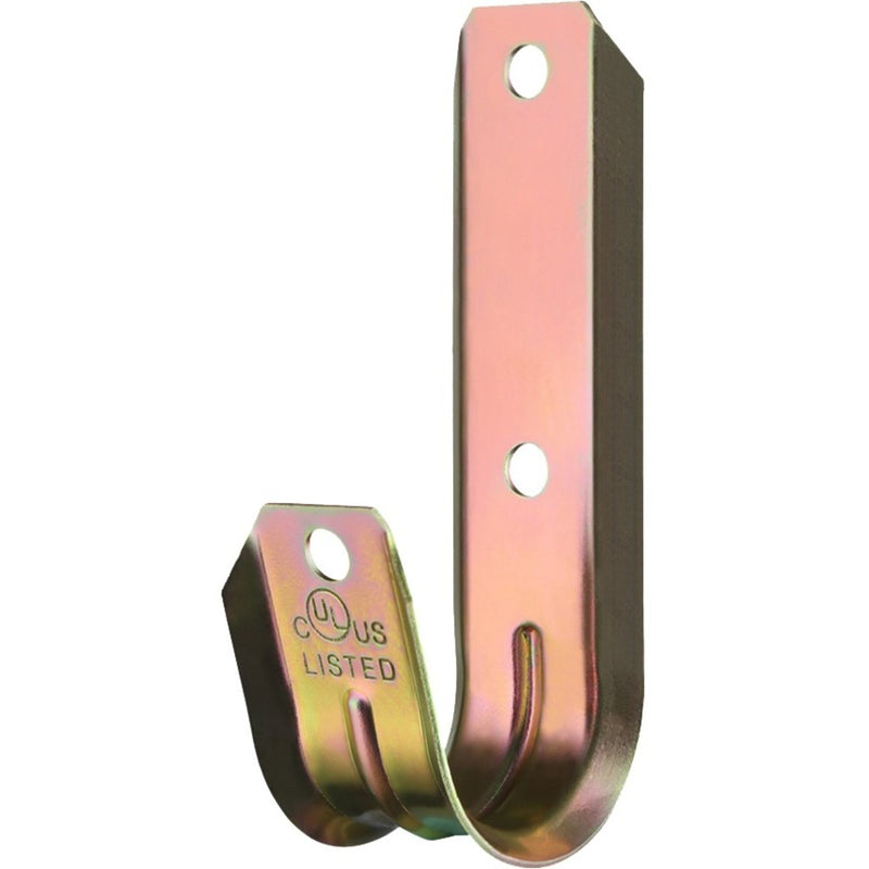 Close-up of W Box steel J-hook showing UL certification mark and dual mounting holes with curved support surface