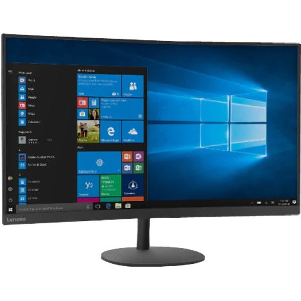 Front view of Lenovo C32qc-20 31.5-inch curved monitor displaying Windows interface with thin bezels and modern stand design