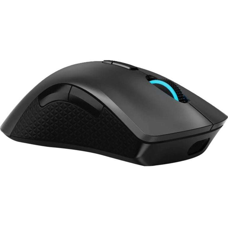 Side profile view of Lenovo Legion M600 gaming mouse showing ergonomic curves and textured grip