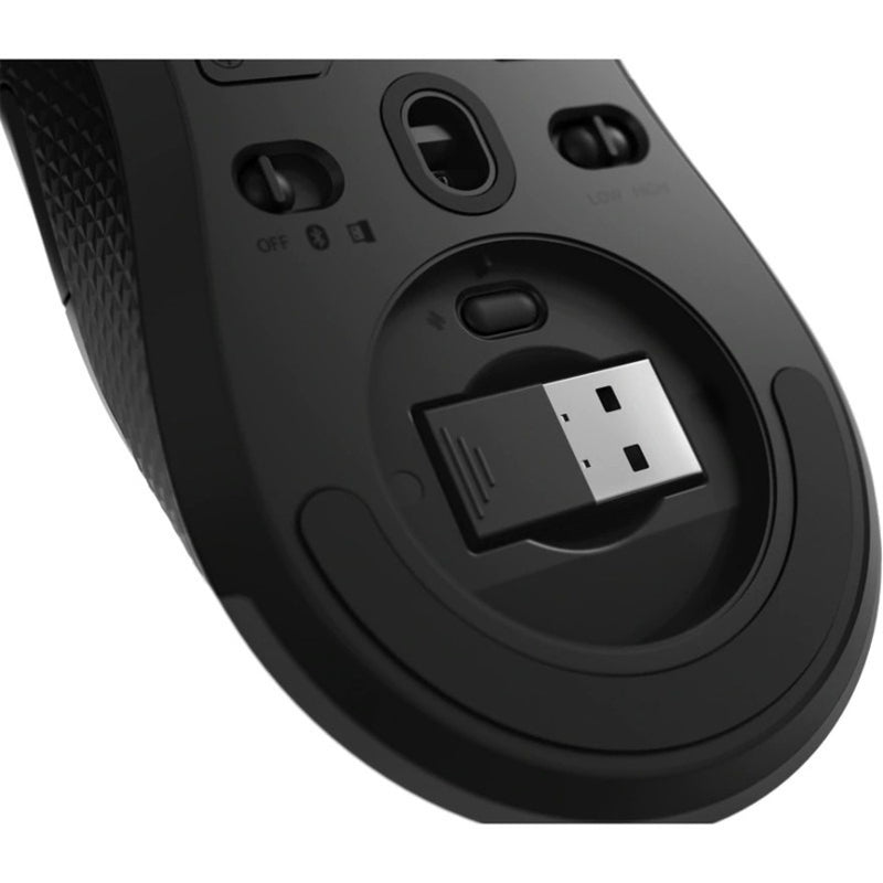 Bottom view of Lenovo Legion M600 gaming mouse showing wireless receiver storage