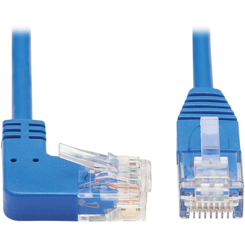 Close-up of Cat6 cable showing right-angle connector and straight connector with gold-plated pins