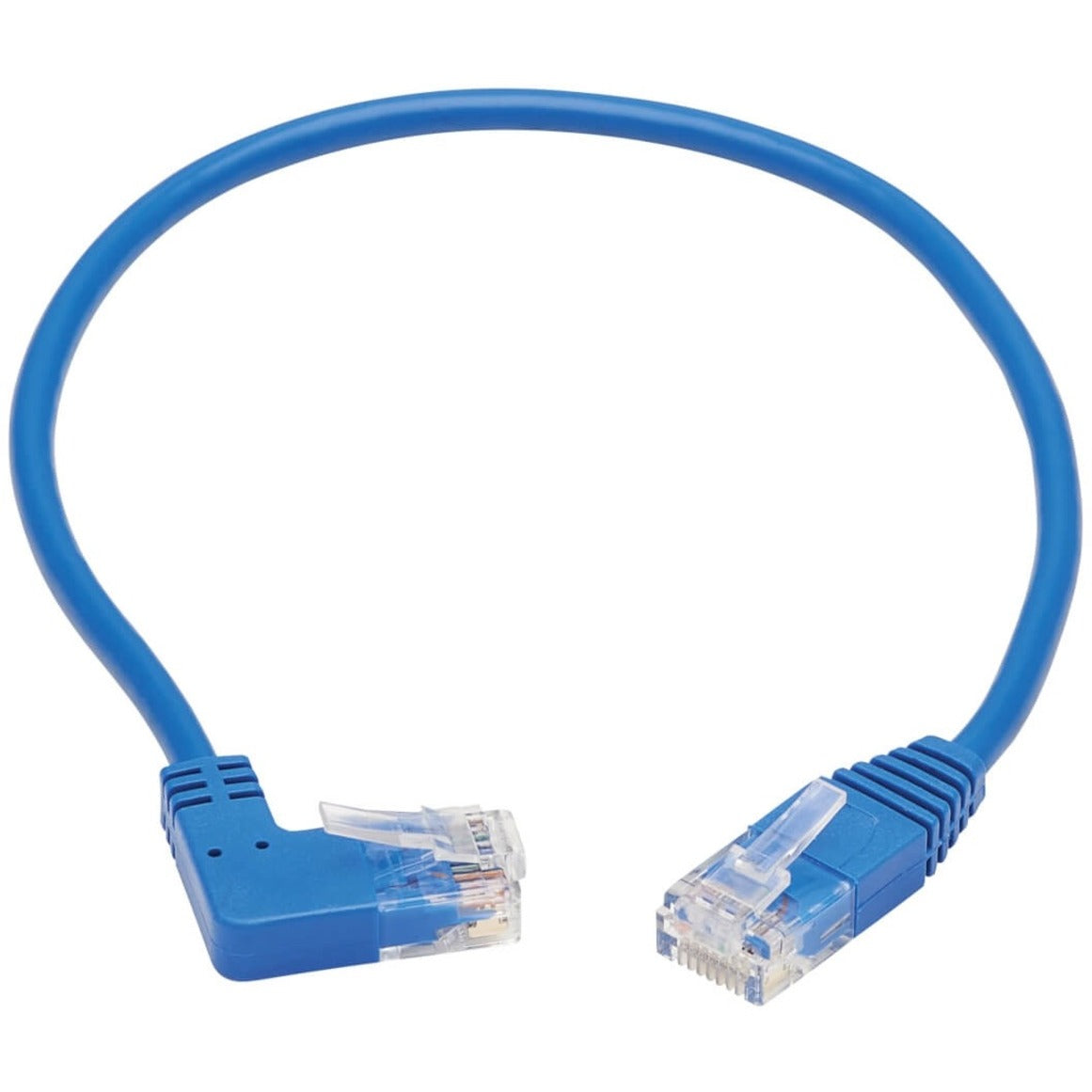 Full view of blue Cat6 patch cable with right-angle and straight connectors-alternate-image2