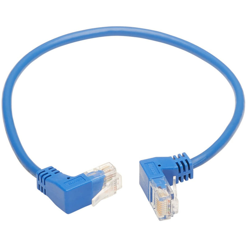 Full view of blue Tripp Lite Cat6 patch cable showing slim profile and angled connectors