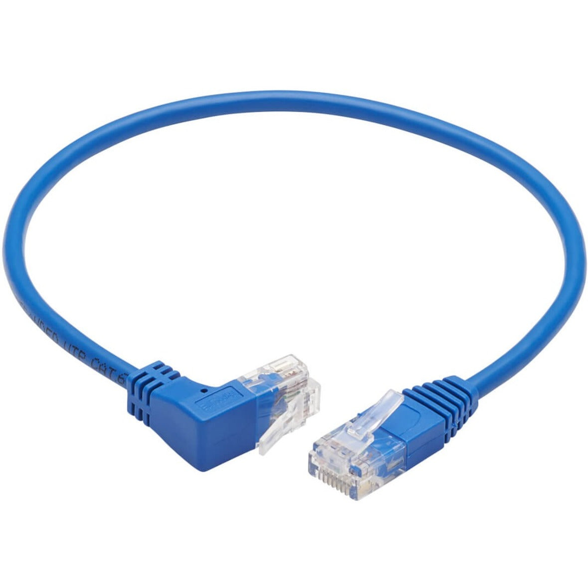 Full view of blue slim Cat6 patch cable with up-angle and straight connectors-alternate-image2