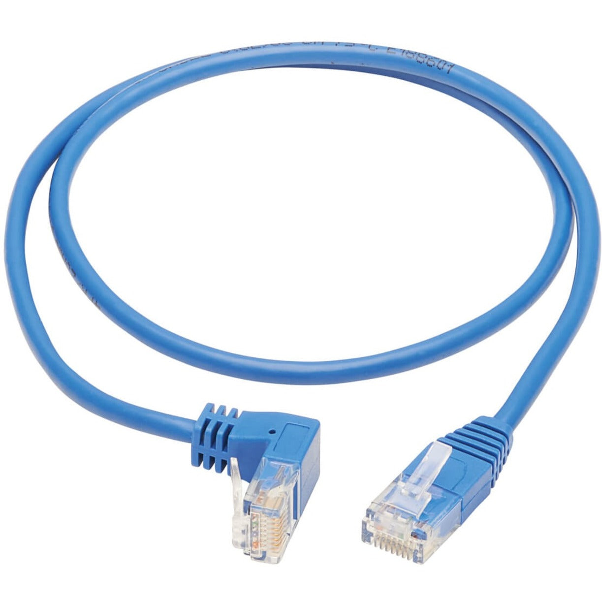 Full length view of 2-foot blue Cat6 ethernet patch cable with angled connectors-alternate-image2