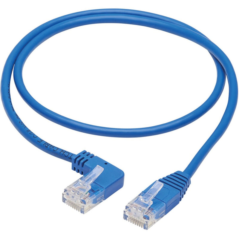 Full length view of blue Cat6 ethernet cable showing slim profile design