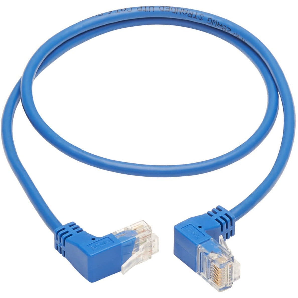 Full view of slim blue Cat6 cable with angled connectors showing cable flexibility-alternate-image2