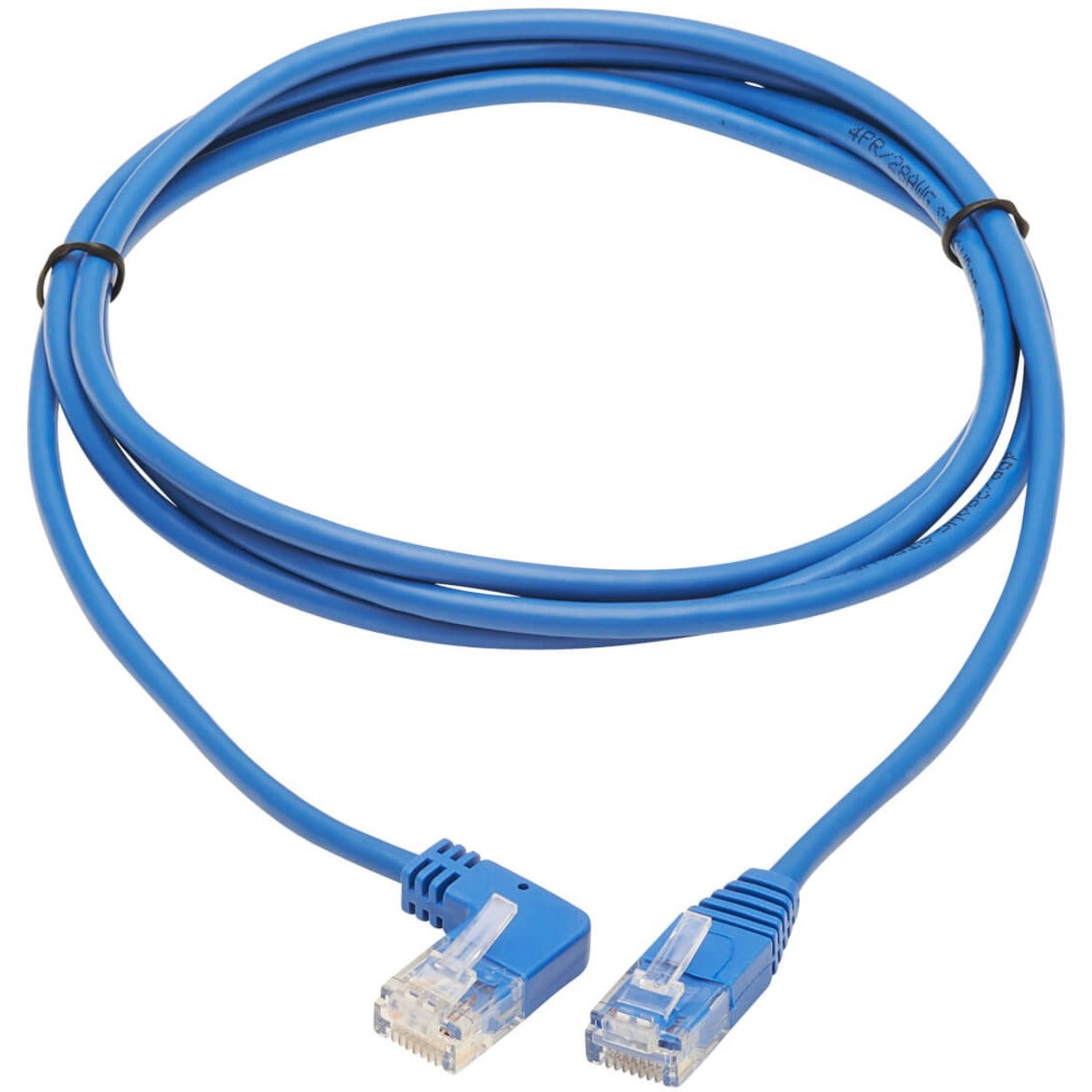 Full length view of blue Cat6 ethernet cable with angled connectors showing cable flexibility-alternate-image2