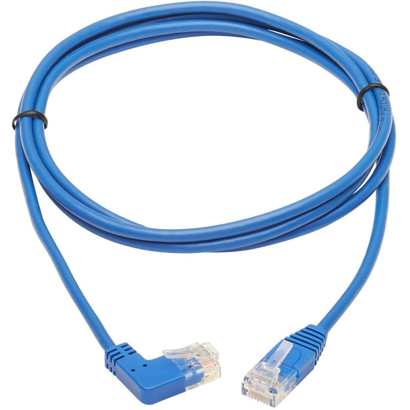 Full view of blue Cat6 patch cable showing both connectors and cable flexibility