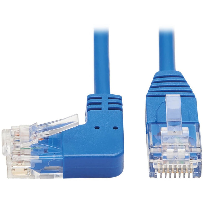 Close-up of Cat6 cable's left-angle RJ45 connector design showing strain relief and gold-plated contacts