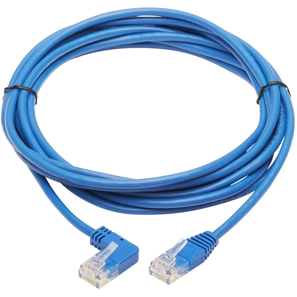 Full length view of blue Cat6 patch cable showing slim profile design with left-angle connectors-alternate-image2