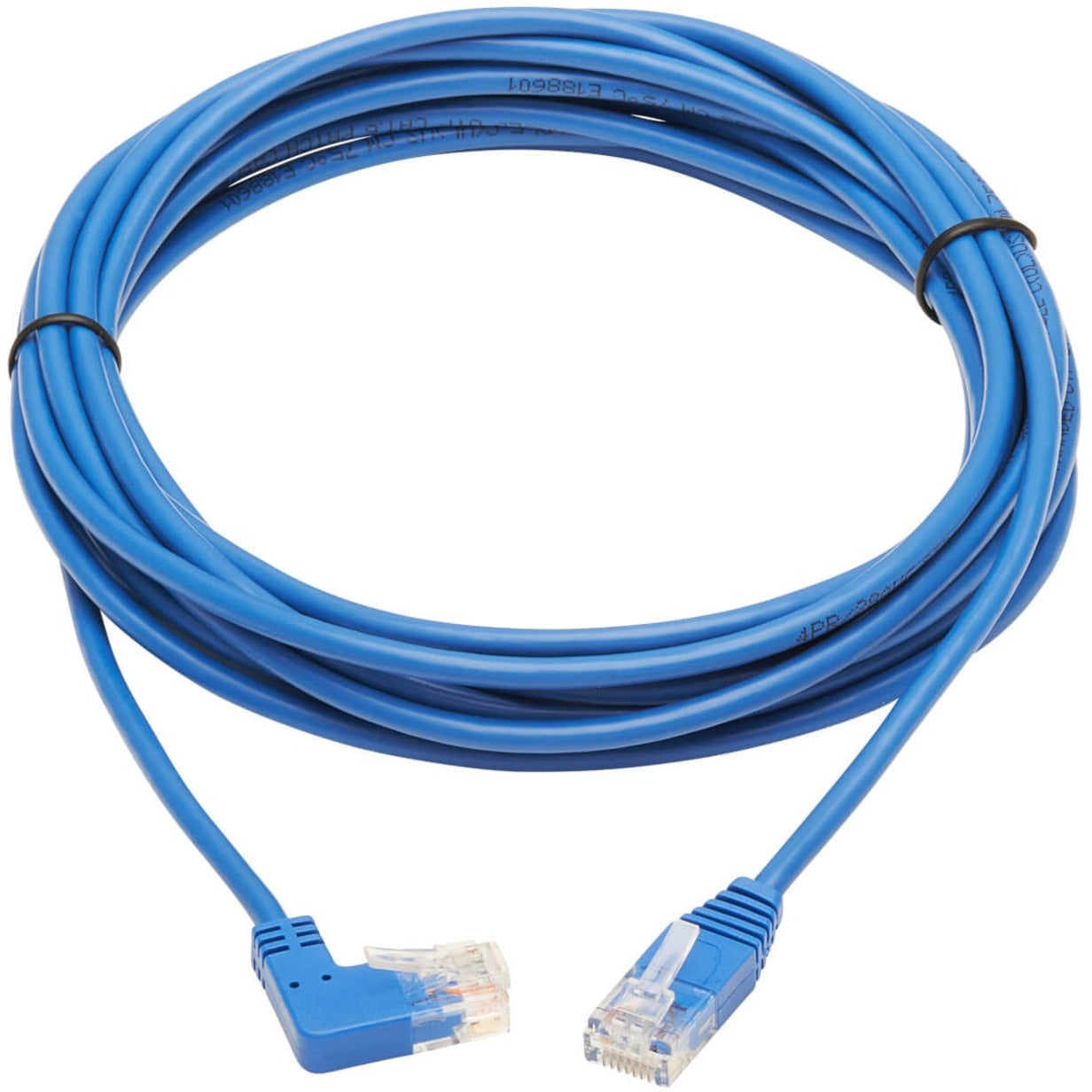 Full length view of blue Cat6 patch cable with right-angle and straight connectors-alternate-image2