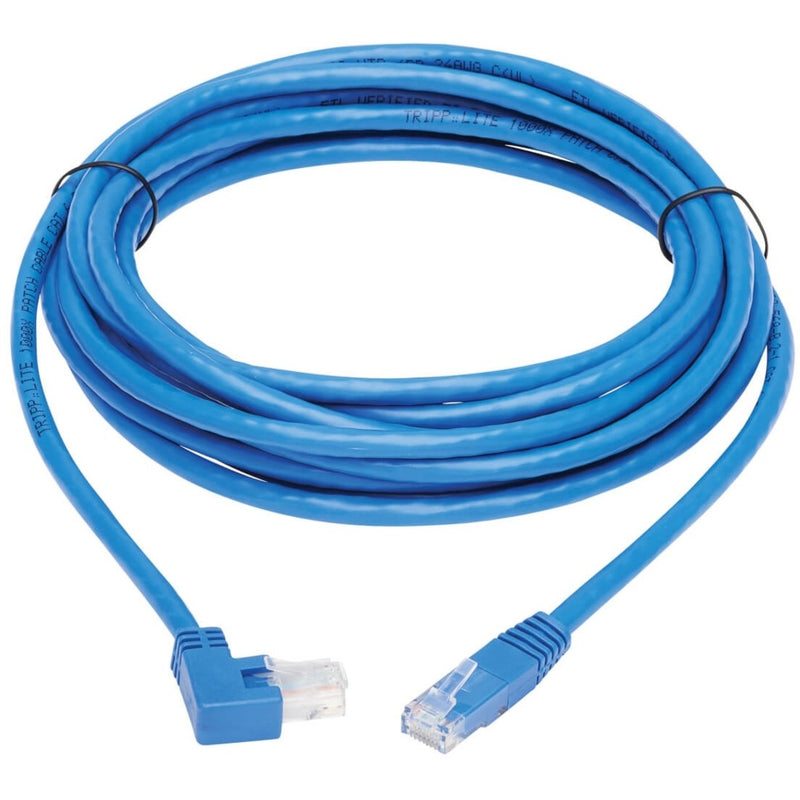 Full length view of blue Cat6 ethernet cable showing right-angle and straight connectors