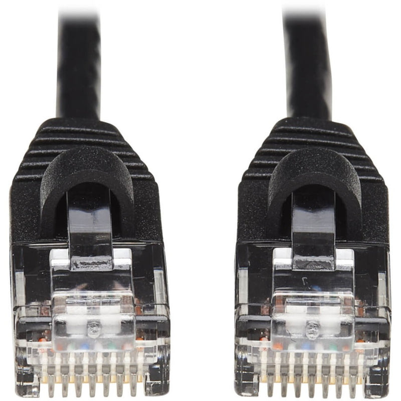 Close-up of gold-plated RJ45 connectors on Cat6a network cable showing detailed pin arrangement