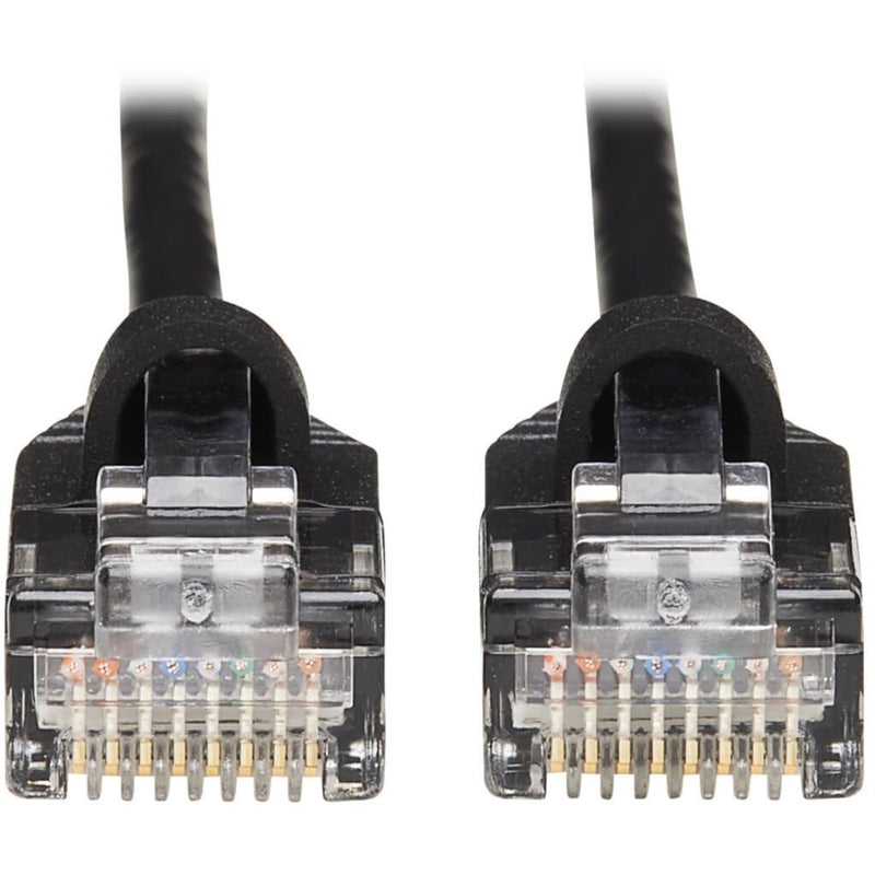 Detailed macro shot of RJ45 connector pins showing gold contacts and internal wiring