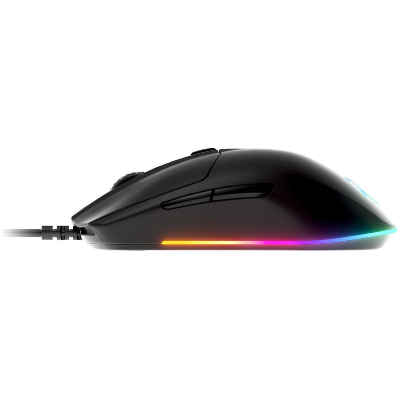 Side profile view of the SteelSeries Rival 3 gaming mouse showing RGB lighting strip