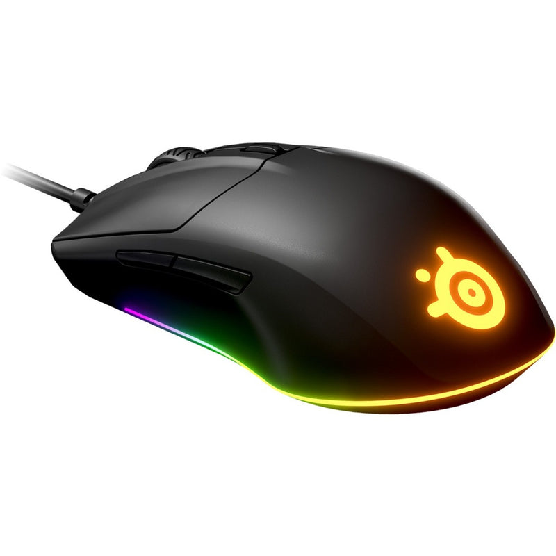 SteelSeries Rival 3 gaming mouse with illuminated RGB lighting and logo, side view