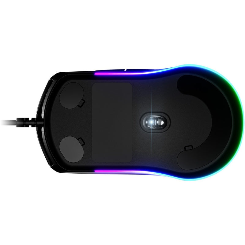 Bottom view of SteelSeries Rival 3 gaming mouse showing sensor and glide pads