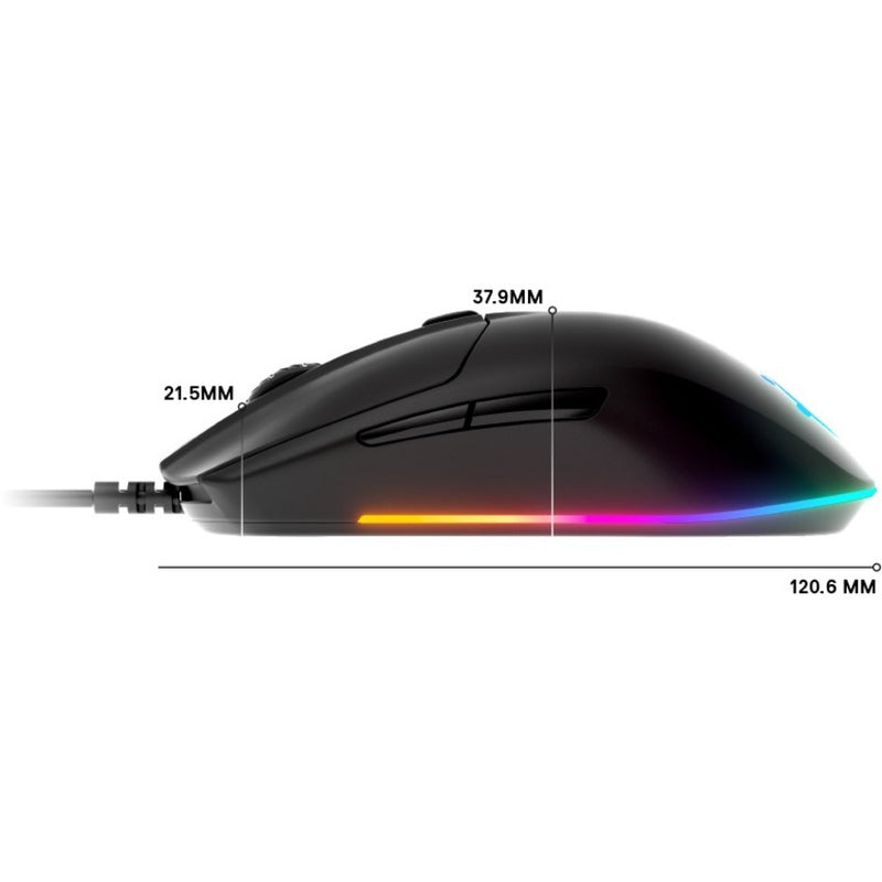 Side view of SteelSeries Rival 3 with dimensional measurements