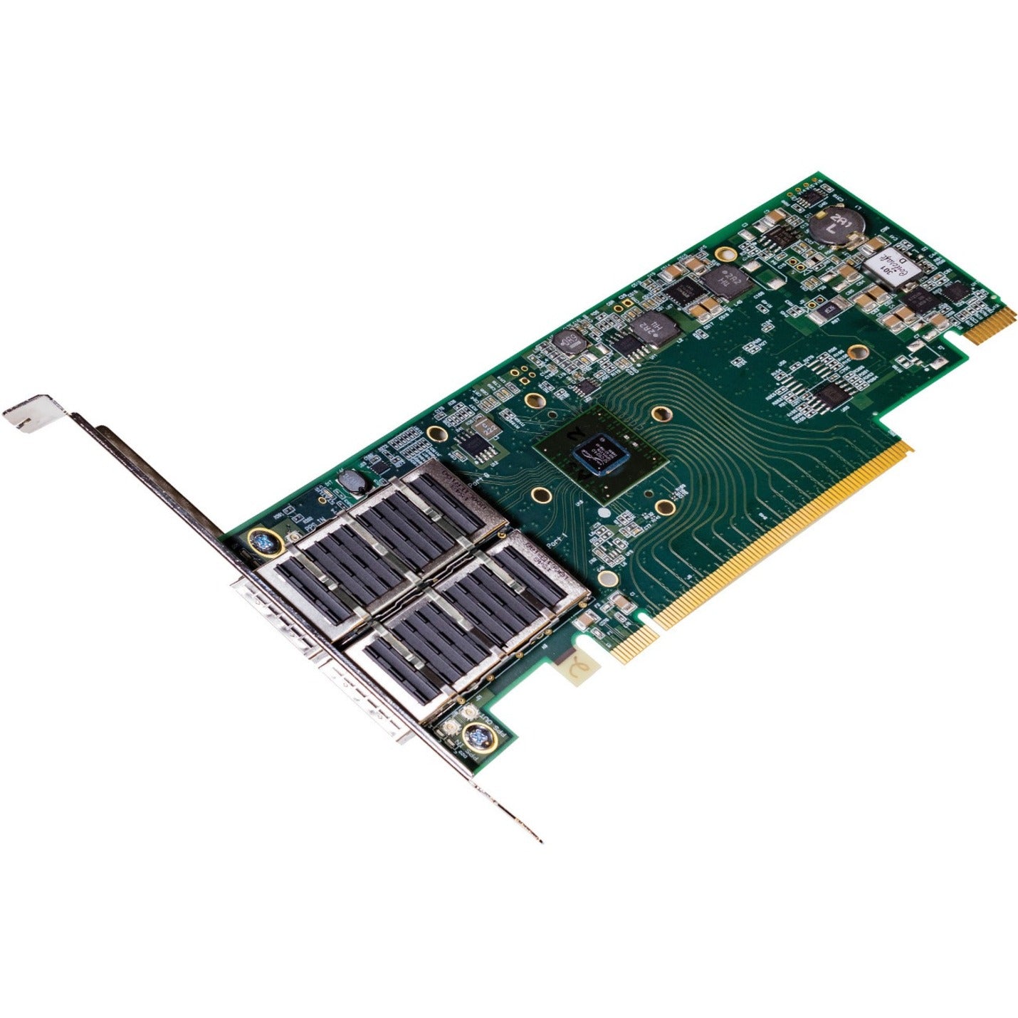 Solarflare SFN8542-PLUS dual-port 40GbE QSFP+ server adapter showing green PCB with dual QSFP+ ports and PCIe x16 interface-alternate-image1