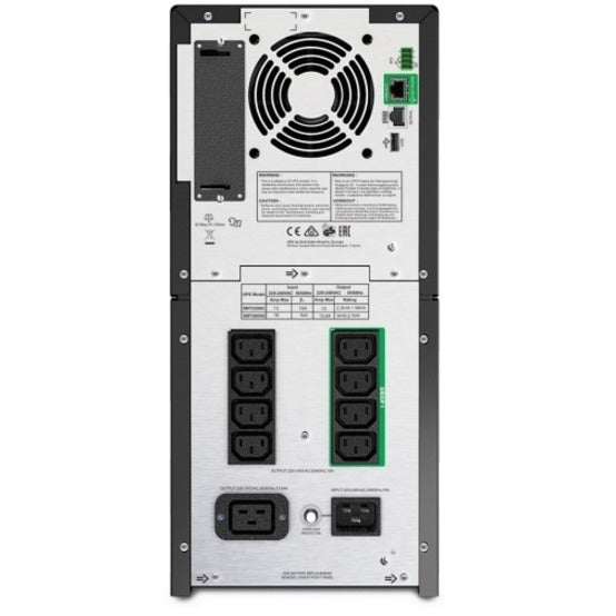 Rear view of APC Smart-UPS SMT2200IC showing multiple power outlets, cooling fan, and connection ports