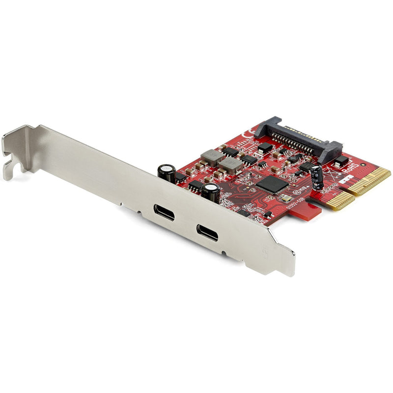 StarTech.com PCIe USB 3.1 card with dual USB-C ports showing red circuit board and silver mounting bracket