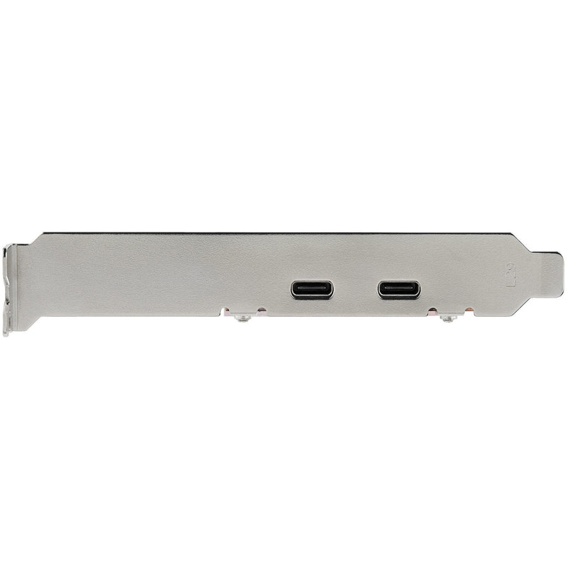 Close-up view of dual USB-C ports on silver mounting bracket of PCIe card