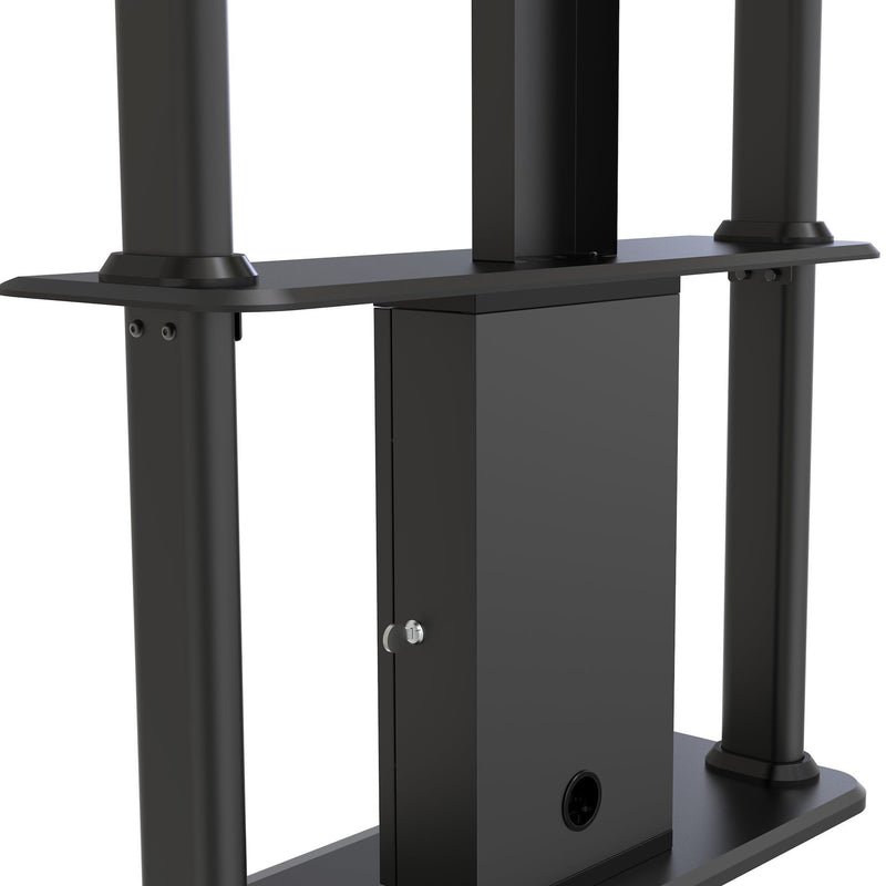 Detail view of digital signage stand base showing floor mounting capabilities and stability features