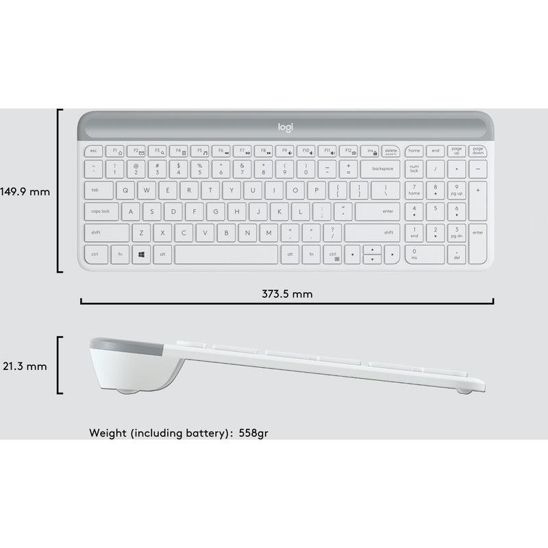 Technical diagram showing dimensions of Logitech MK470 keyboard