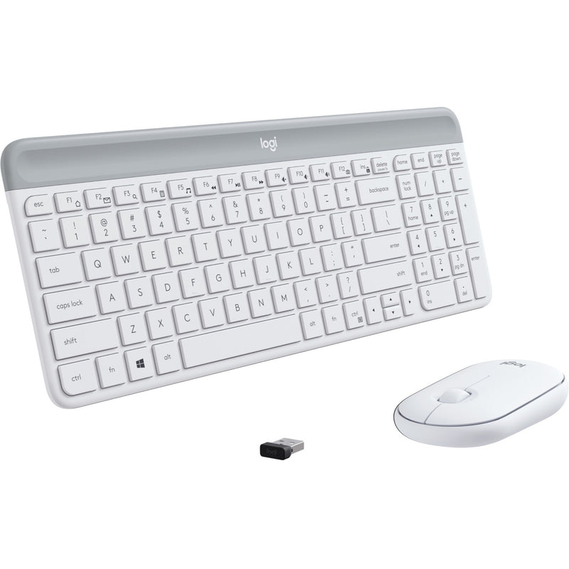 Logitech MK470 Slim Wireless Keyboard and Mouse Combo in white with USB receiver on white background