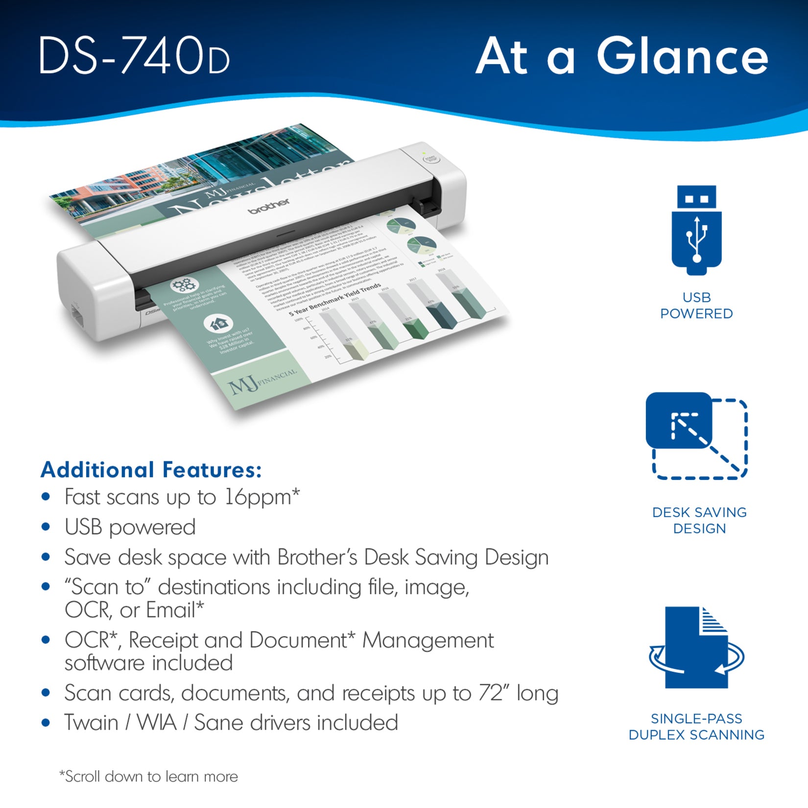 Feature overview of Brother DS740D scanner showing USB power and desk-saving design icons-alternate-image2